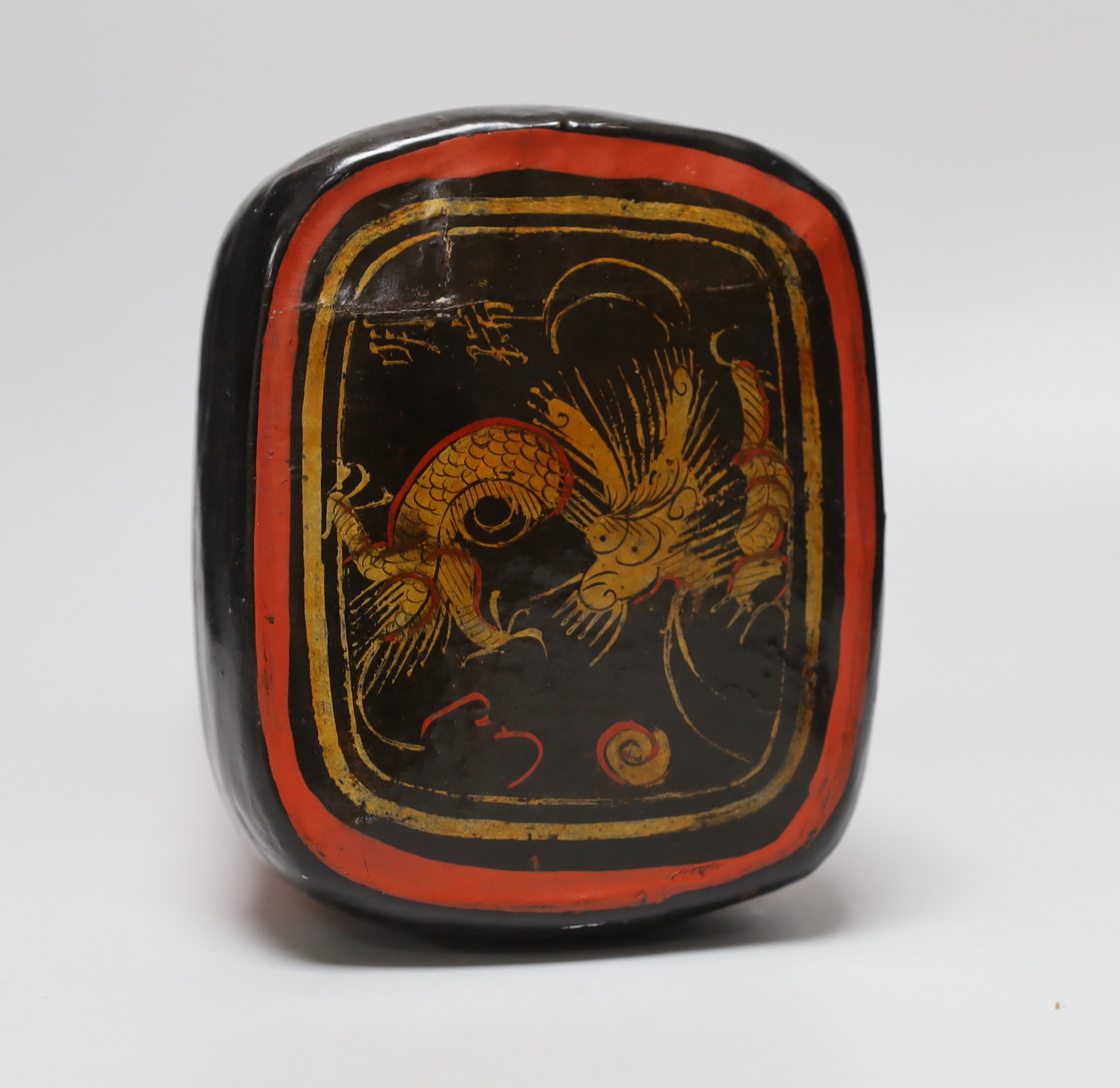 A 19th century burr walnut snuff box, a gilt brass magnifying glass and a Chinese pillow, the largest 31cm wide